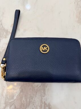 Michael Kors Navy Pebbled Leather Wristlet with Gold MK Emblem